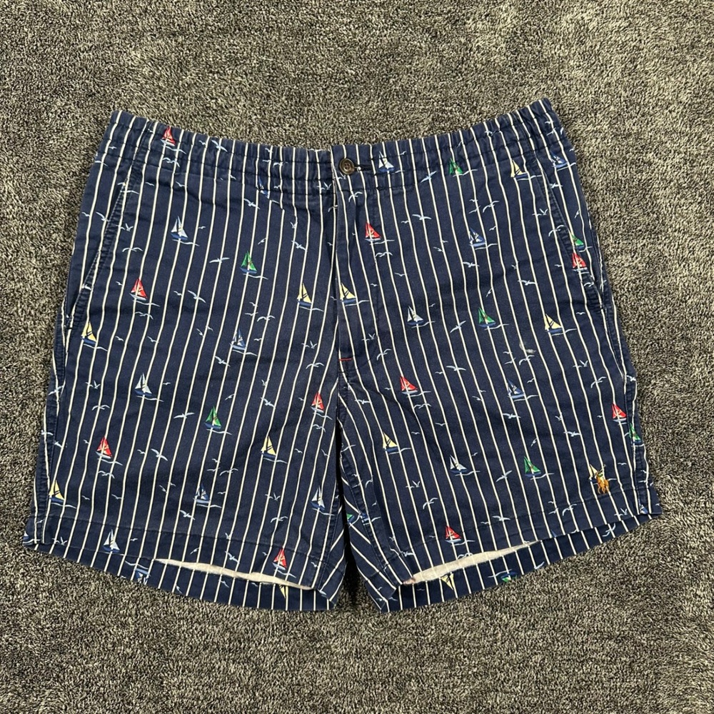 Polo Ralph Lauren Mens Navy Nautical Sailboat Stripe Stretch Shorts Size Medium